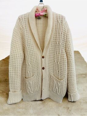 Aran Crafts Cream Shawl-Collar Cable Cardigan